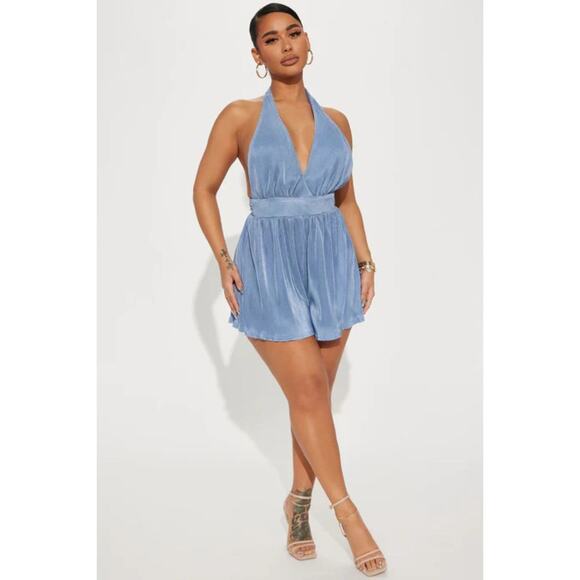 Fashion Nova Blue Romper Paulina Plissé Jumpsuit Halter Sexy Open Extra Large XL - Picture 15 of 15